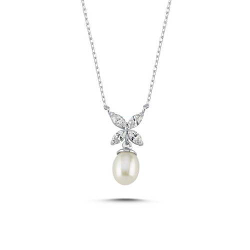 Real Pearl Marquise Rose Women's Silver Necklace - CNG Jewels