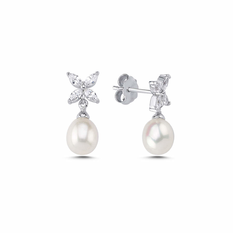 Real Pearl Marquise Roza Women's Silver Earrings - CNG Jewels