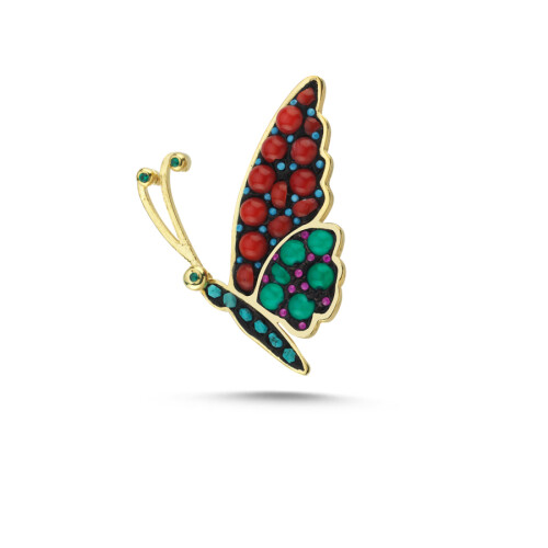 Doğal Mercan Akik Taşlı Kelebek Gümüş Broş - CNG Jewels