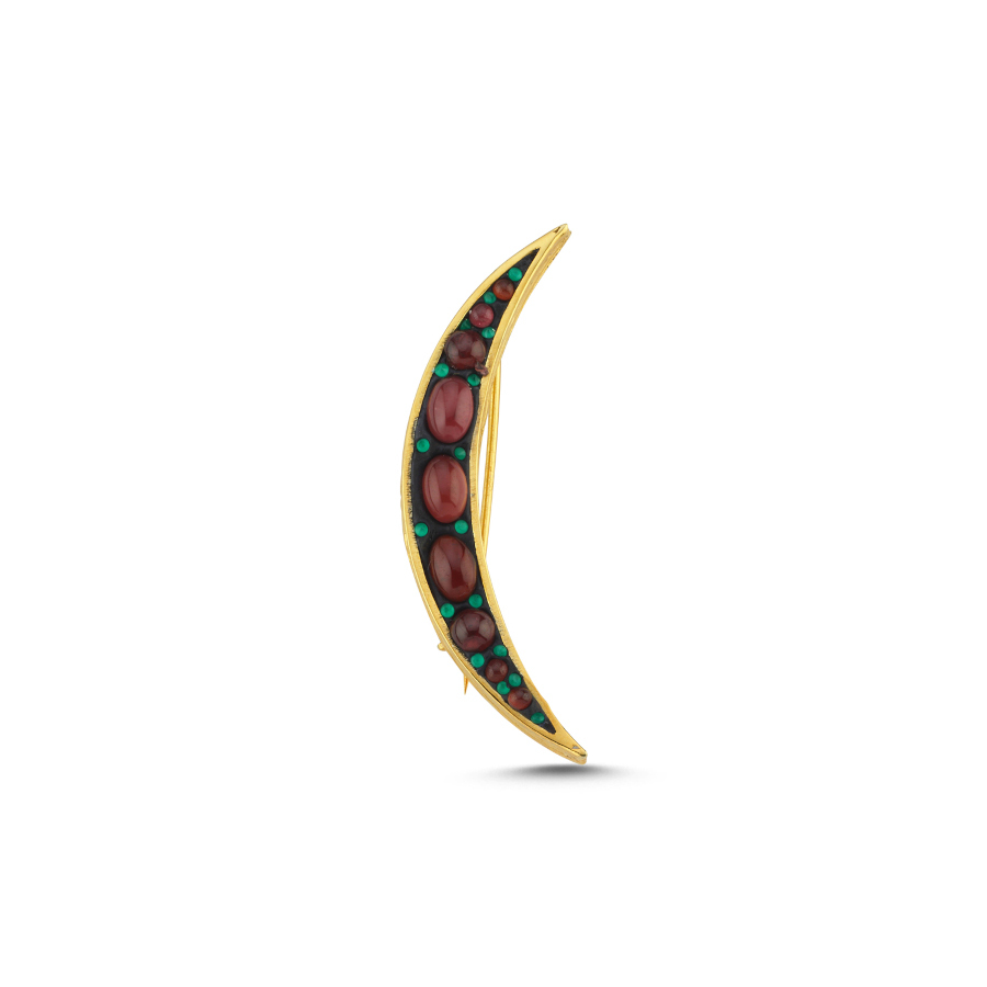 Granat Taşlı Hilal Gümüş Broş - CNG Jewels