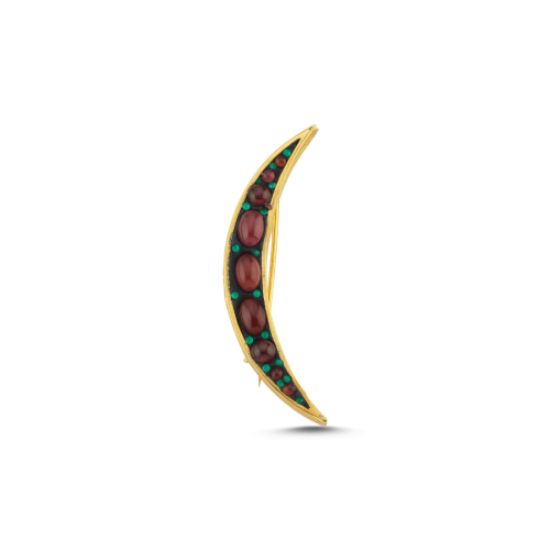 Granat Taşlı Hilal Gümüş Broş - CNG Jewels