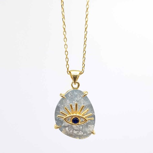 Silver Women's Necklace with Eyelashes and Gray Quartz Stone 