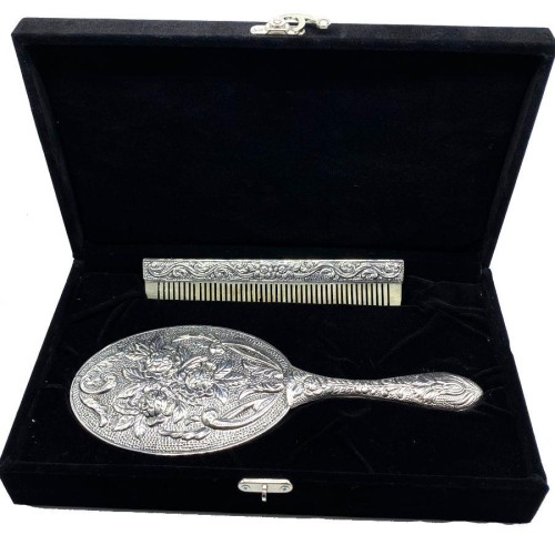 Gül Desenli Büyük El Aynası Tarak İkili Gümüş Set No 4 - CNG Jewels (1)