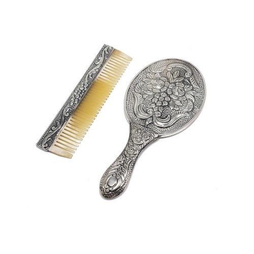 Gül Desenli Küçük Boy El Aynası Tarak İkili Gümüş Set - CNG Jewels