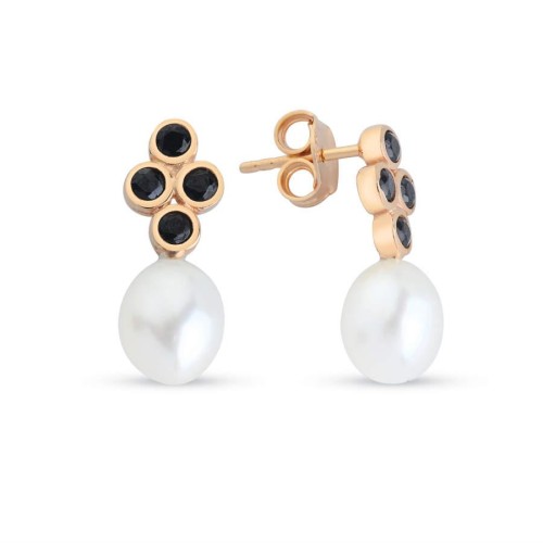 Silver Black Diamond Rose Real Pearl Earrings 