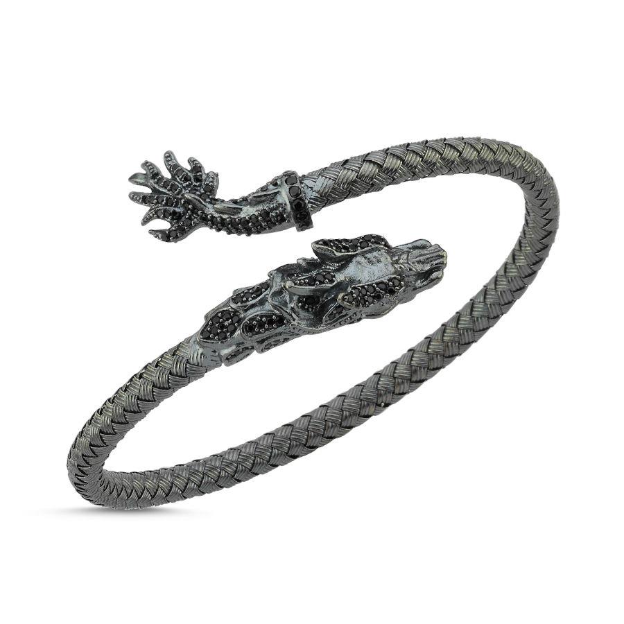 Hasır Örgü Ejderha Desenli Gümüş Erkek Bilekliği - CNG Jewels