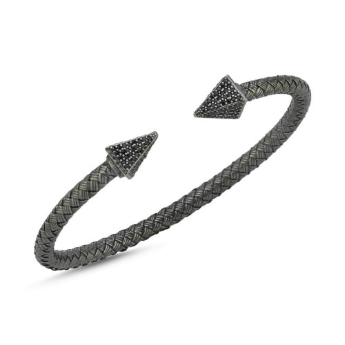 Hasır Örgü Siyah Taşlı Ok Gümüş Erkek Bilekliği - CNG Jewels
