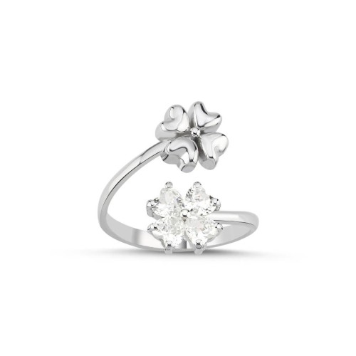 Double Four Leaf Clover Silver Women's Ring 