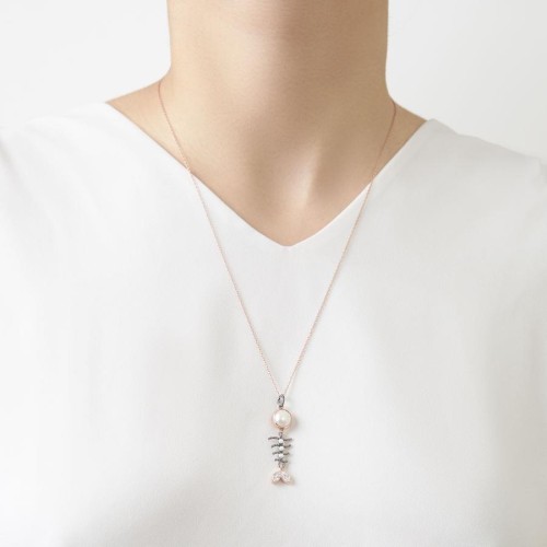 Pearl Fishbone Rose Silver Women's Necklace - CNG Jewels