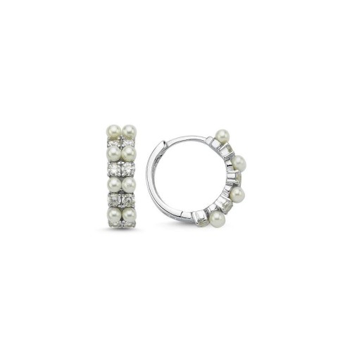 Minimal Silver Hoop Earrings with Pearls and Stones - CNG Jewels
