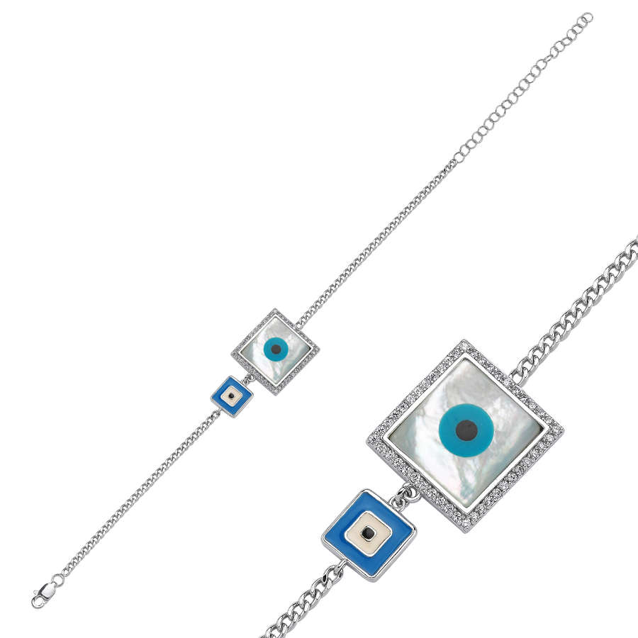 Square Double Evil Eye Women's Silver Bracelet - CNG Jewels