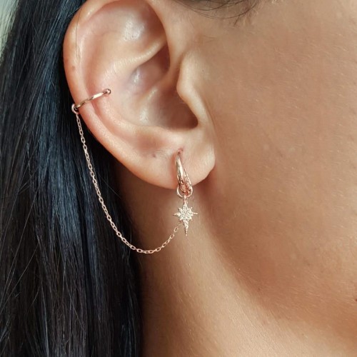Kutup Yıldızlı Zincirli Kıkırdak Rosegold Gümüş Kadın Küpe - CNG Jewels