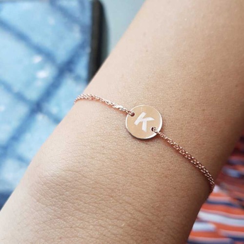 Küçük Yuvarlak Plaka K Harfi Rose Gold Gümüş Kadın Bileklik 