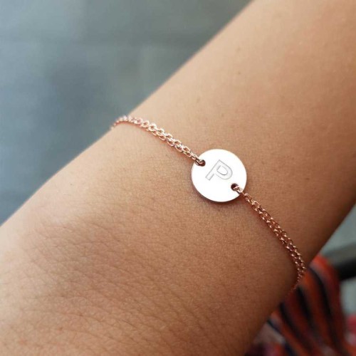 Küçük Yuvarlak Plaka P Harfi Rose Gold Gümüş Kadın Bileklik 