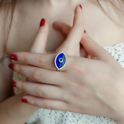 Navy Blue Almond Glass Eye Women's Silver Ring - CNG Jewels