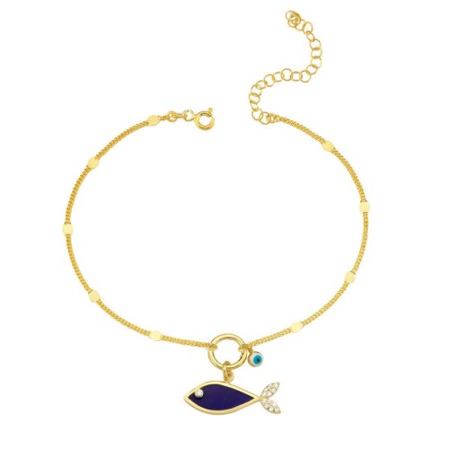 Lacivert Balık Nazar Boncuklu Gold Gümüş Halhal - CNG Jewels