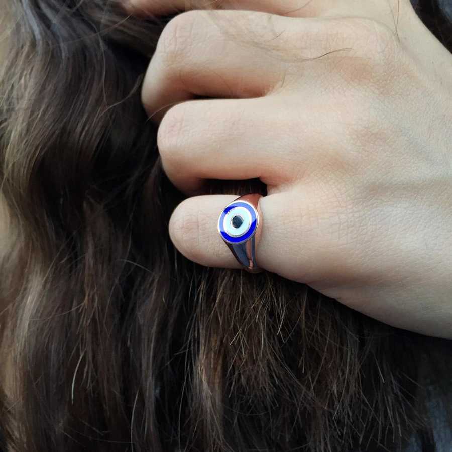 Navy Blue Evil Eye Beaded Pinky Finger Rose Silver Women's Ring - CNG Jewels