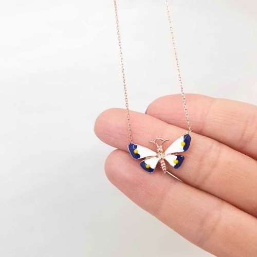 Lacivert ve Beyaz Renkli Kelebek Gümüş Kadın Kolye - CNG Jewels (1)
