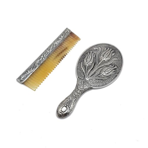 Lale Desenli Küçük Boy El Aynası Tarak İkili Gümüş Set - CNG Jewels