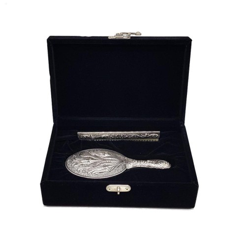 Lale Desenli Küçük Boy El Aynası Tarak İkili Gümüş Set - CNG Jewels (1)