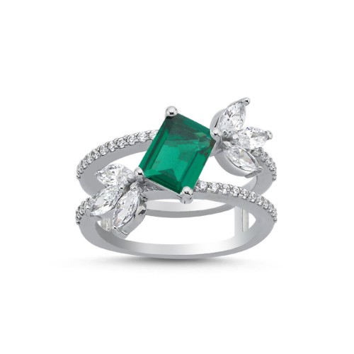 Lidia Yeşil Baget Taşlı Kadın Gümüş Yüzük - CNG Jewels