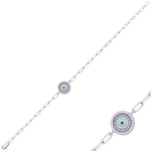 Lila Baget Nazar Boncuğu Göz Gümüş Bileklik - CNG Jewels