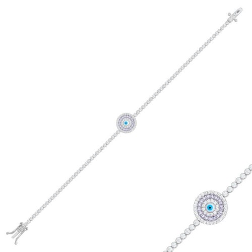 Lilac Baguette Evil Eye Beaded Silver Waterway Bracelet - CNG Jewels