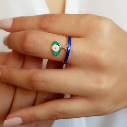 Blue Enamel Charm Eye Women's Silver Ring - CNG Jewels