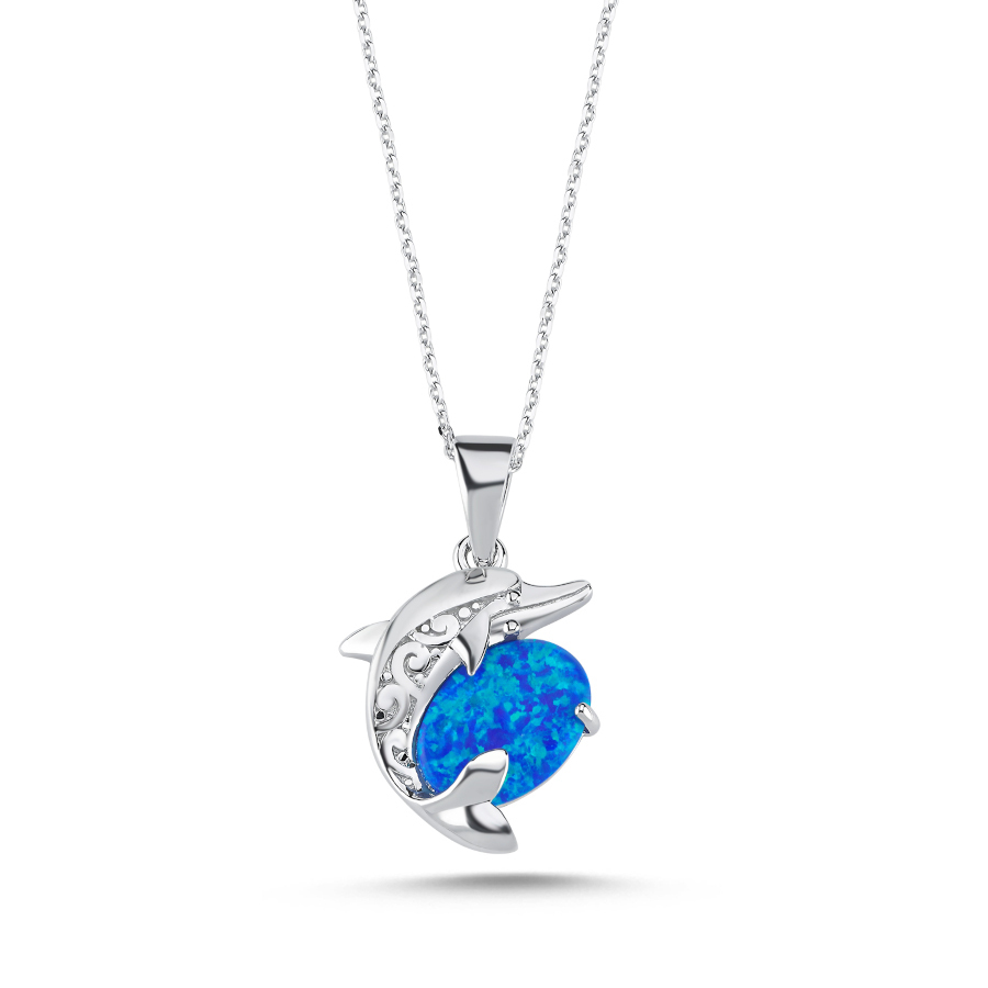 Mavi Opal Taşlı Yunus Balığı Kadın Gümüş Kolye - CNG Jewels