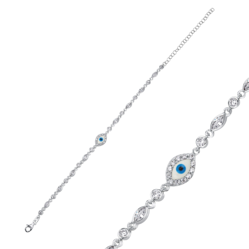 Minimal Beyaz Nazar Boncuğu Kadın Gümüş Bileklik - CNG Jewels