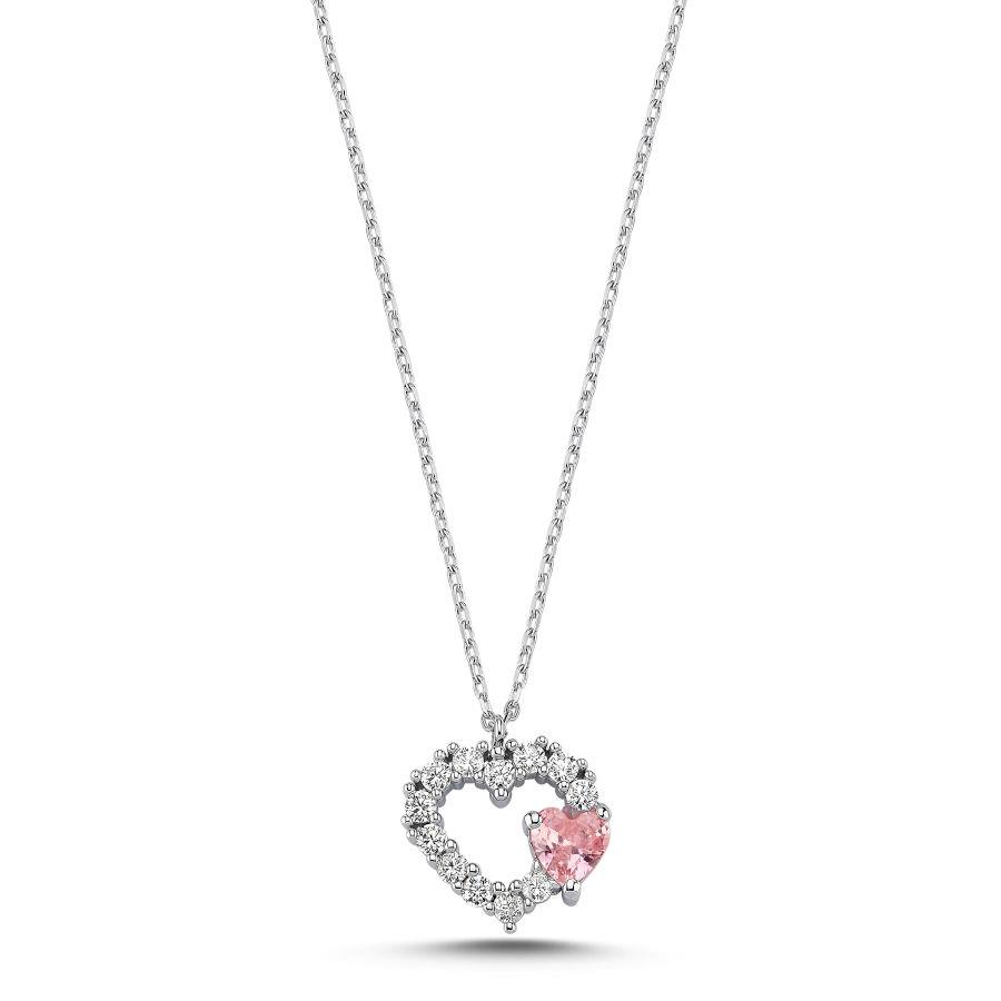 Minimal Pembe Beyaz Taşlı Kalp Gümüş Kadın Kolye - CNG Jewels