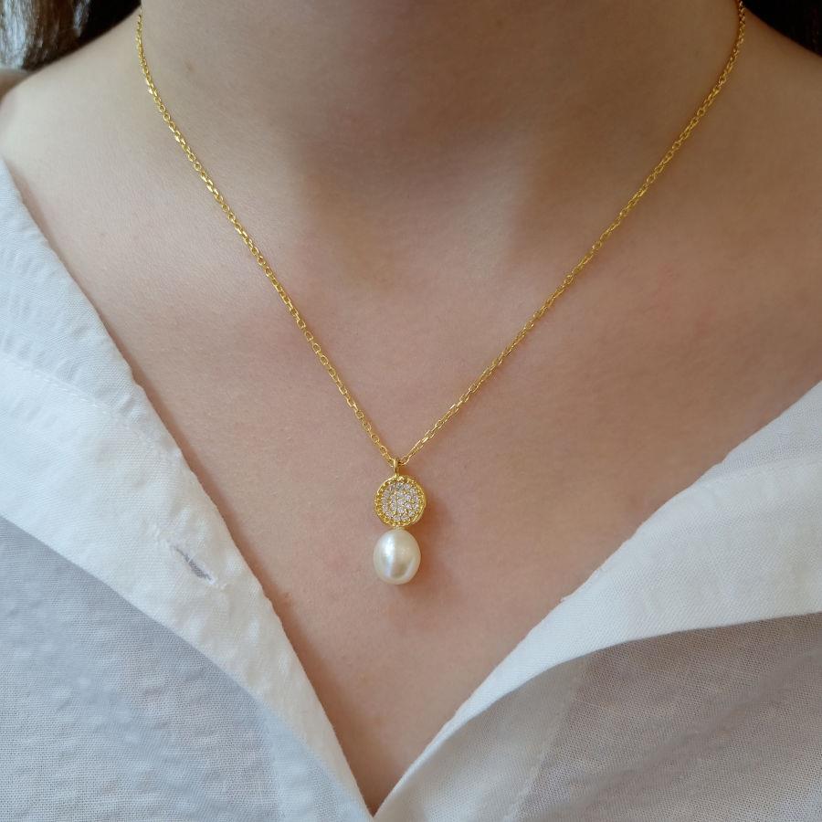 Minimal Stone Drop Real Pearl Gold Women's Silver Necklace - CNG Jewels (1)