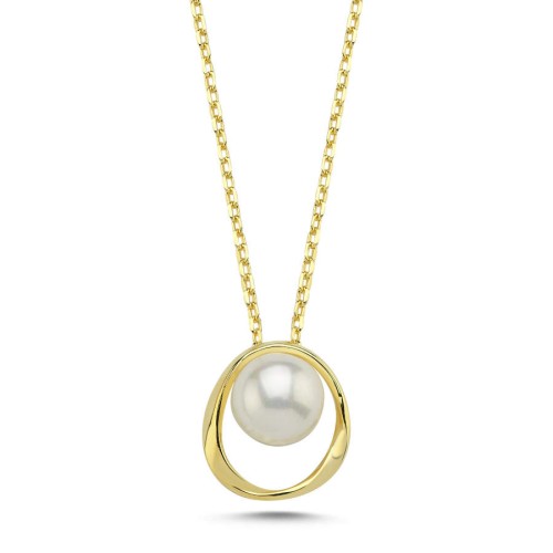 Modern Tasarım Gerçek İncili Gold Gümüş Kolye - CNG Jewels