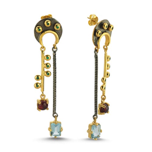 Moon Blue Topaz Garnet Special Design Women's Silver Earrings - CNG Jewels