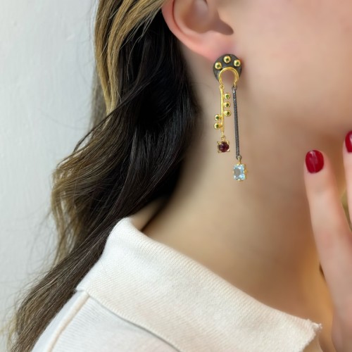 Moon Blue Topaz Garnet Special Design Women's Silver Earrings - CNG Jewels (1)