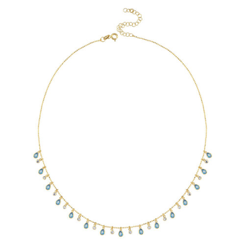 Multi Blue Damla Taşlı Gold Gümüş Kolye 