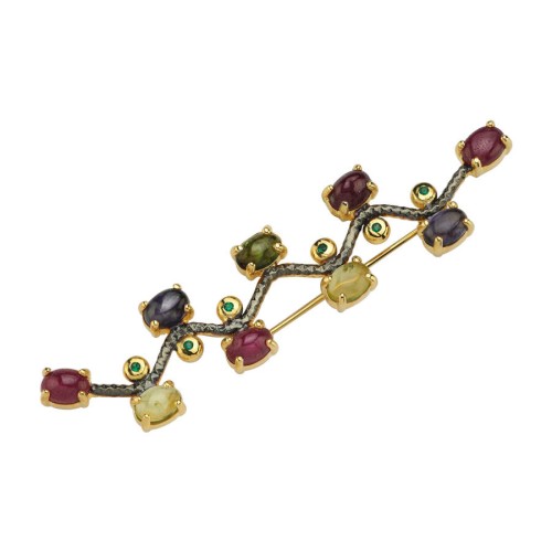 Naturel Mix Renk Tasarım Yılan Gümüş Broş - CNG Jewels