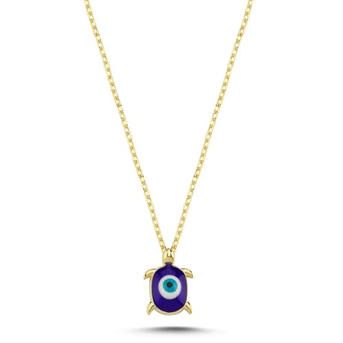 Nazar Boncuklu Minimal Kaplumbağa Gold Gümüş Kadın Kolye - CNG Jewels