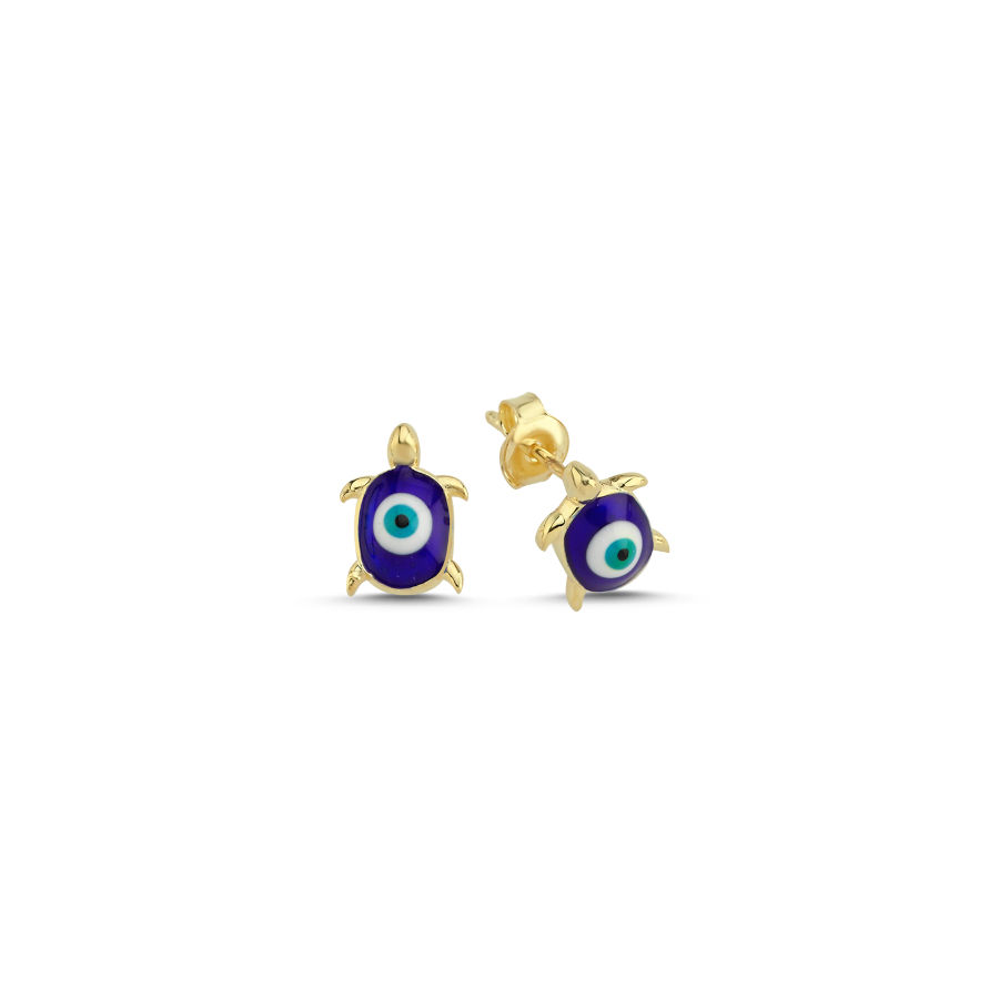 Nazar Boncuklu Minimal Kaplumbağa Gold Gümüş Kadın Küpe - CNG Jewels