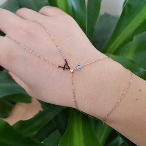 Nazar Boncuklu Siyah Taşlı A Harfi Gümüş Şahmeran Bileklik - CNG Jewels