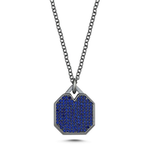 Oktagon Mavi Taşlı Plaka Tasarım Gümüş Erkek Kolye - CNG Jewels