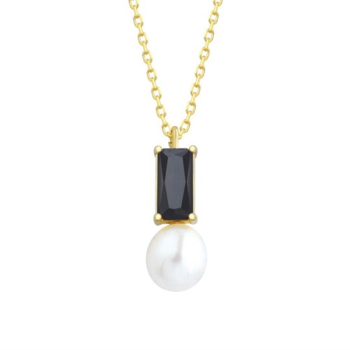 Oktagon Oniks Damla Gerçek İnci Gold Kadın Gümüş Kolye - CNG Jewels