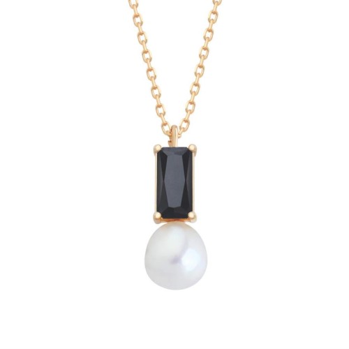Octagon Onyx Drop Real Pearl Women's Silver Necklace 