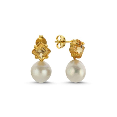 Gerçek Sitrin İnci Tasarım Kadın Gümüş Küpe - CNG Jewels