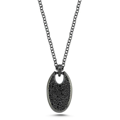 Oval Siyah Taşlı Tasarım Plaka Gümüş Erkek Kolye - CNG Jewels