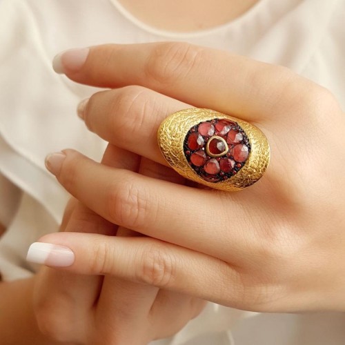 Designed Handmade Garnet Stone Oval Gold Silver Women's Ring - CNG Jewels
