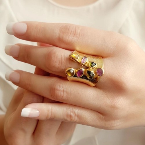 Special Design Colorful Tourmaline Gold Silver Women's Ring - 1