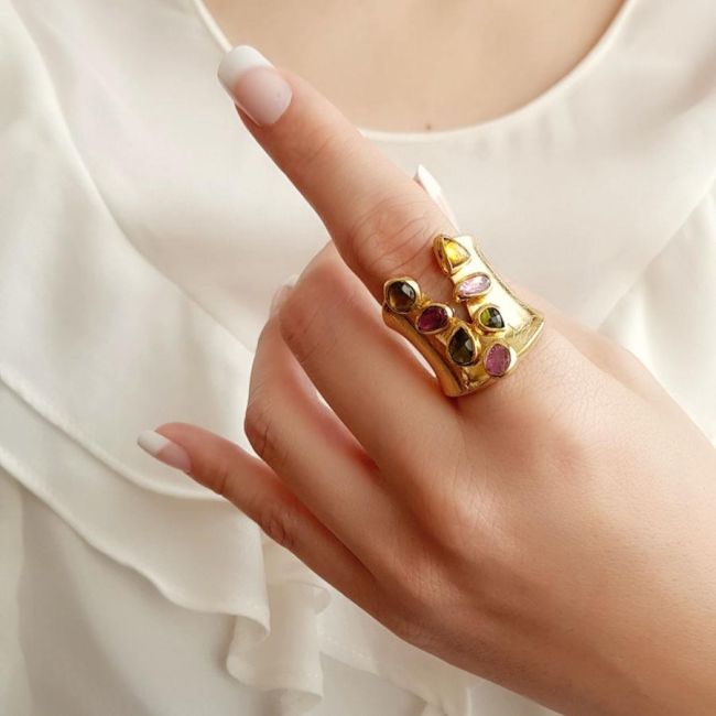 Special Design Colorful Tourmaline Gold Silver Women's Ring - 2