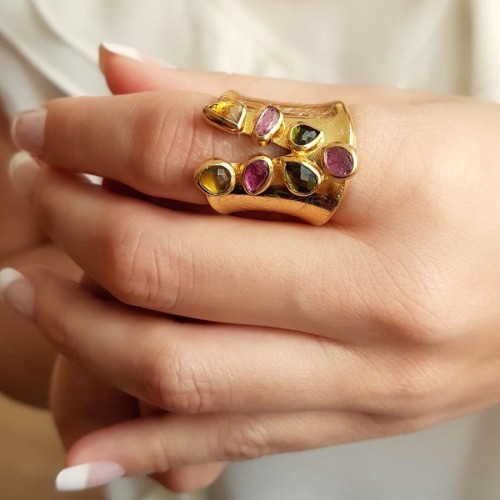 Special Design Colorful Tourmaline Gold Silver Women's Ring - 3