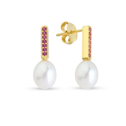 Silver Women's Earrings with Pink Ruby Stone and Natural Drop Pearls 